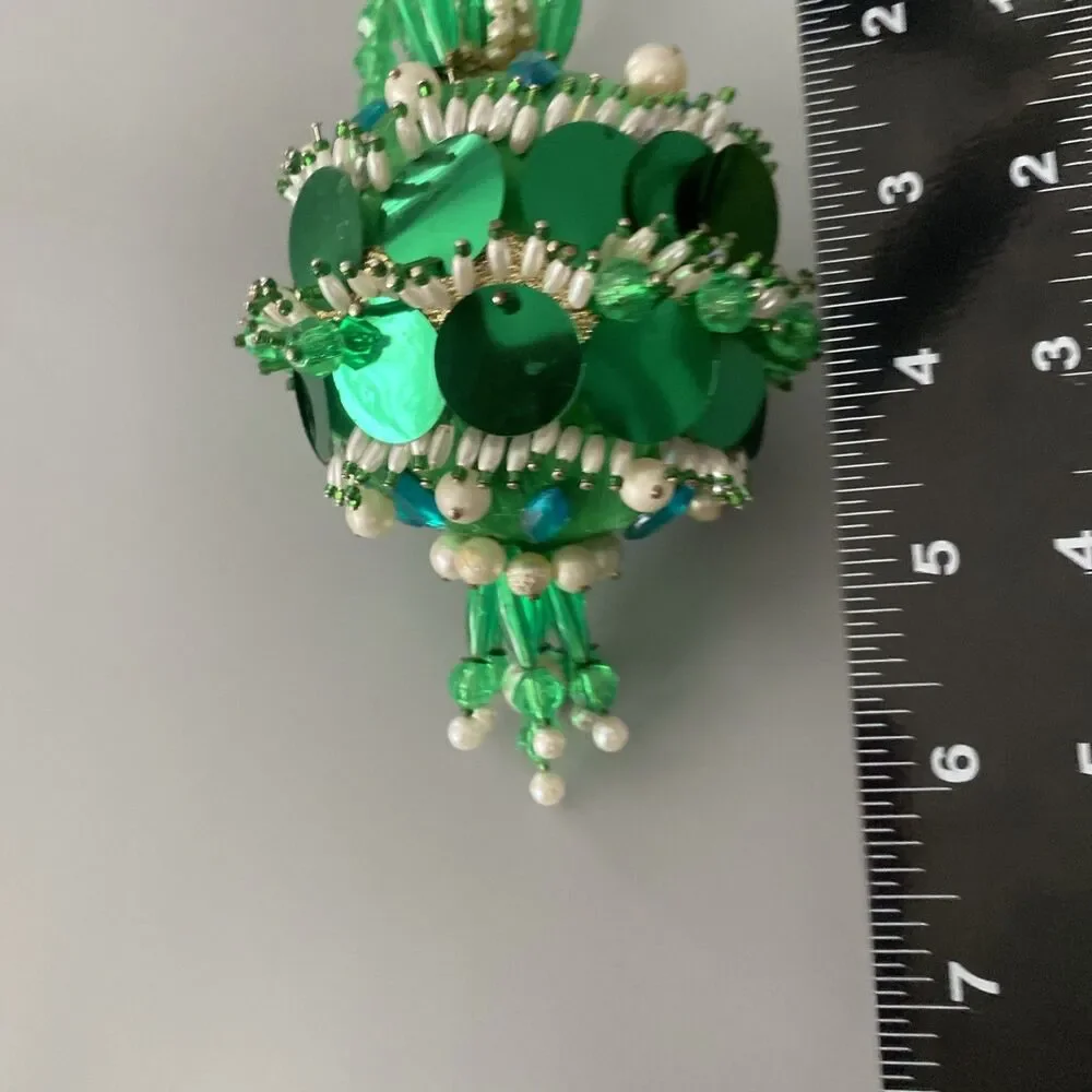 Vintage Christmas Green Beaded Push Pin Satin Ball Ornament Large Handmade Fancy